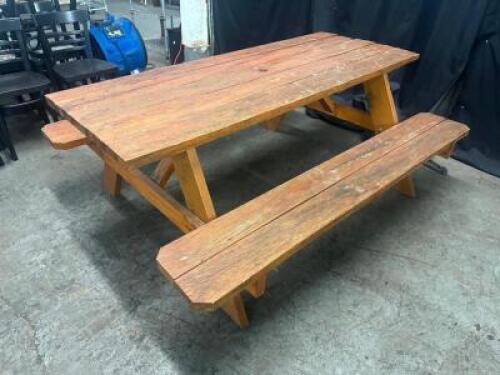 DESCRIPTION 72" WOODEN PICNIC TABLE W/ BENCH SEATS. SIZE 72" LOCATION BAY 6 QTY 1