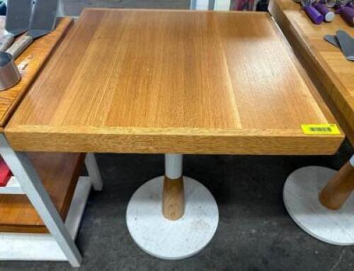 DESCRIPTION 24" X 24" WOODEN TABLE W/ BASE. SIZE 24" X 24" LOCATION BAY 6 QTY 1