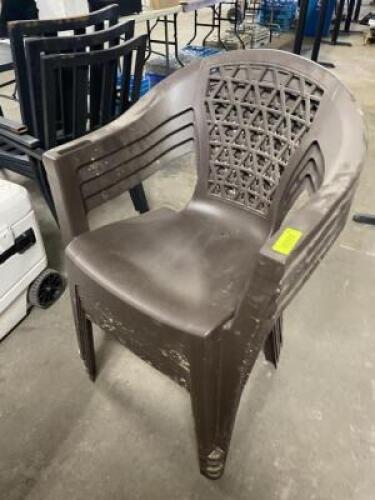 DESCRIPTION (4) BROWN PLASTIC PATIO STACK CHAIRS THIS LOT IS: SOLD BY THE PIECE LOCATION BAY 6 QTY 4