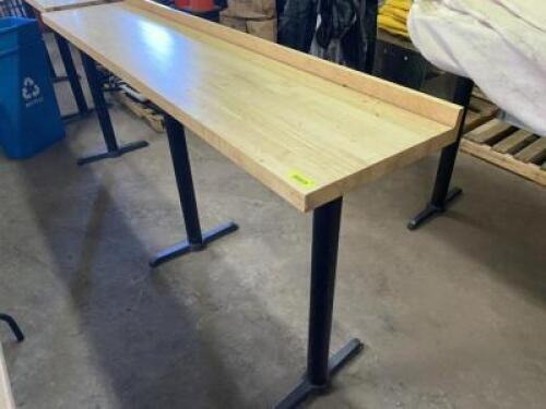 DESCRIPTION 6' X 14" BUTCHER BLOCK STYLE BAR RAIL W/ (3) 42" PUB BASES, SIZE 6' X 14" X 42" LOCATION BAY 6 QTY 1