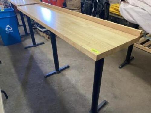DESCRIPTION 6' X 14" BUTCHER BLOCK STYLE BAR RAIL W/ (3) 42" PUB BASES, SIZE 6' X 14" X 42" LOCATION BAY 6 QTY 1