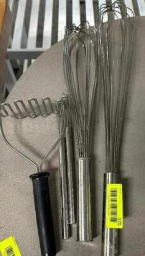 DESCRIPTION (2) STAINLESS WHISKS AND (1) MASHER. THIS LOT IS: ONE MONEY LOCATION BAY 6 QTY 1