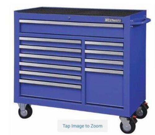 DESCRIPTION: (1) ROOL TOOL CABINET STORAGE BRAND/MODEL: WESTWARD INFORMATION: BLUE, 12 DRAWER SIZE: 42" W x 19" D x 40" H RETAIL$: $928.99 EA QTY: 1