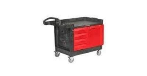 DESCRIPTION: (1) TRADEMASTER, ROLLING SUPPLY CABINET BRAND/MODEL: RUBBERMAID #FG483388BLA INFORMATION: BLACK, RED SIZE: 49" x 26 3/16" RETAIL$: $619.0