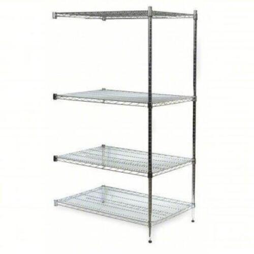 DESCRIPTION: (1) WIRE SHELVING SYSTEM BRAND/MODEL: PRODUCT NUMBER #2KPC7 INFORMATION: CHROME, WIRE, ADD-ON, 4 SHELVES, SPLIT SLEEVE, COMES WITH ALL 4