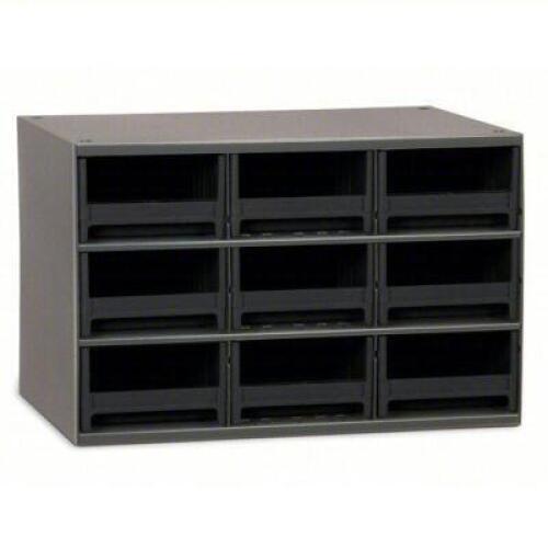 DESCRIPTION: (1) DRAWER BIN CABINET BRAND/MODEL: AKRO-MILLS #18D807 INFORMATION: GRAY, STEEL, DAMAGE, SEE INSPECTION SIZE: 17" X 11" X 11". 9 DRAWERS
