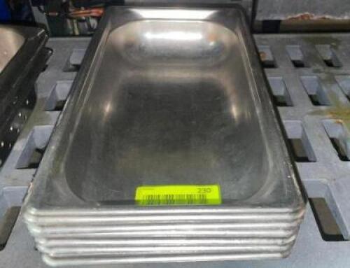 DESCRIPTION: (6) 1/3 SIZE STAINLESS INSERTS ADDITIONAL INFORMATION 2" DEEP LOCATION: BAY 7 THIS LOT IS: SOLD BY THE PIECE QTY: 6
