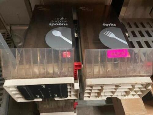 DESCRIPTION: (1) FORK AND (1) SPOON PLASTIC SILVERWARE DISPENSER TOWERS. LOCATION: BAY 7 THIS LOT IS: SOLD BY THE PIECE QTY: 2