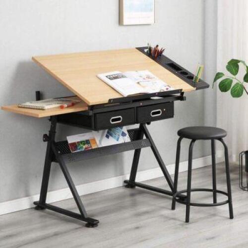 ADJUSTABLE DRAFTING DESK ART TABLE WITH STOOL AND 2 STORAGE DRAWERS