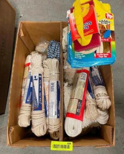 LARGE BOX OF ASSORTED YARN AND HOME HARDWARE SOLD AS SET.