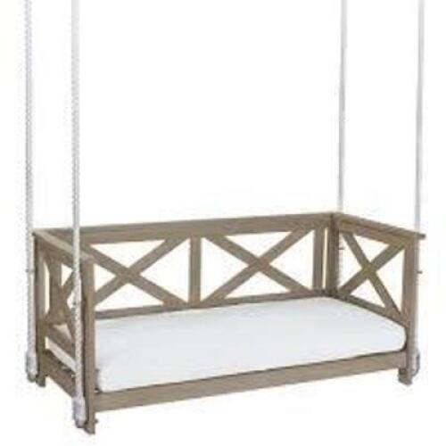 DESCRIPTION: (1) ELLA ROSE PORCH SWING BRAND/MODEL: MAINSTAYS INFORMATION: WEATHERED GRAY WITH SNOW WHITE CUSHIONS RETAIL$: $201.60 EA QTY: 1