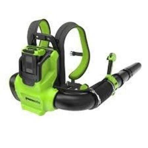 DESCRIPTION: (1) BACKPACK BLOWER BRAND/MODEL: GREENWORKS INFORMATION: GREEN, 730 CFM, 60 MIN RUN TIME RETAIL$: $499.00 EA QTY: 1