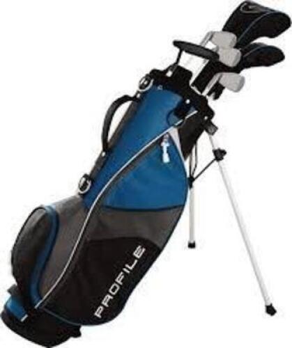 DESCRIPTION: (1) JUNIOR GOLF BAG WITH CLUBS BRAND/MODEL: PROFILE INFORMATION: BLACK WITH BLUE SIZE: LARGE JUNIOR RETAIL$: $219.99 EA QTY: 1