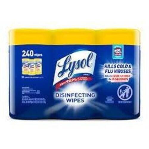 DESCRIPTION: (6) DISINFECTING WIPES BRAND/MODEL: LYSOL INFORMATION: LEMON, 240 WIPES SIZE: 80 WIPES PER CONTAINER RETAIL$: $10.00 EA QTY: 6