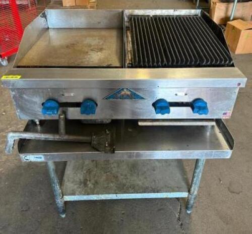 DESCRIPTION 36" CASTLE FLAT GRILL CHARBROILER COMBO WITH STAINLESS EQUIPMENT STAND. BRAND / MODEL: CASTLE ADDITIONAL INFORMATION NATURAL GAS. SIZE 36"
