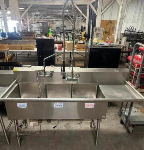 DESCRIPTION 75" THREE WELL STAINLESS POT SINK W/ SPRAYER AND RIGHT SIDE DRY BOARD. SIZE 75" LOCATION BAY 6 QTY 1