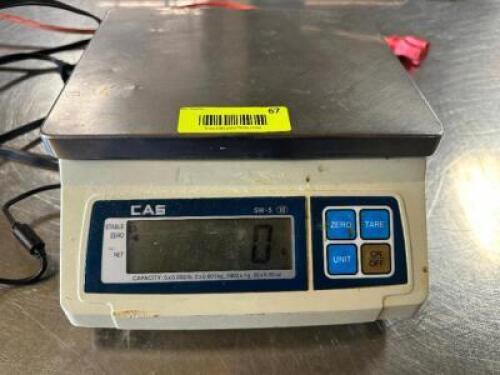 DESCRIPTION CAS 5 LB. DIGITAL PORTION SCALE. BRAND / MODEL: CAS SW-5 ADDITIONAL INFORMATION W/ POWER CORD. LOCATION BAY 6 QTY 1