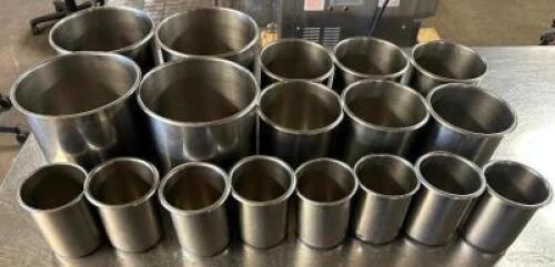 DESCRIPTION (18) PIECE STAINLESS ROUND STAINLESS INSERT SET. ADDITIONAL INFORMATION (4) 8", (6) 5", & (8) 4" THIS LOT IS: SOLD BY THE PIECE LOCATION B