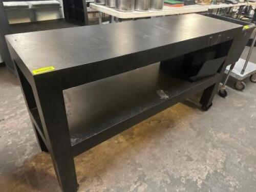 DESCRIPTION 60" X 18" BLACK LAMINATE SOFA TABLE / BOOK SHELF. SIZE 60" X 18" LOCATION BAY 6 QTY 1