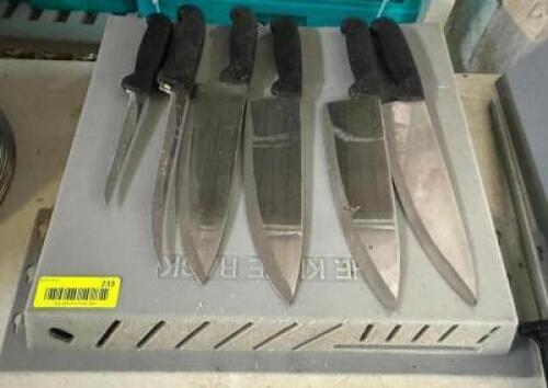 DESCRIPTION (6) KITCHEN KNIVES W/ WALL MOUNTED RACK. THIS LOT IS: SOLD BY THE PIECE LOCATION BAY 6 QTY 6