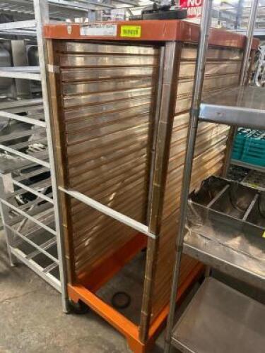 DESCRIPTION MAX RACK TWENTY PAN TRAY RACK ADDITIONAL INFORMATION ONE CASTER IS LOOSE AND NEEDS PUT BACK ON. LOCATION BAY 6 QTY 1