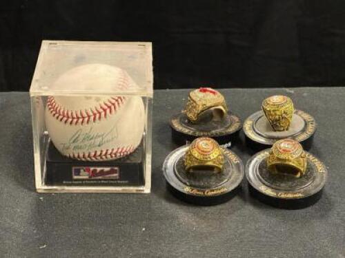 AL HRABOSKY SIGNED BASEBALL WITH (4) - REPLICA WORLD SERIES RINGS