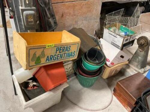 LARGE GROUP OF GARDEN DECOR AND PLANTING SUPPLIES SOLD AS SET.