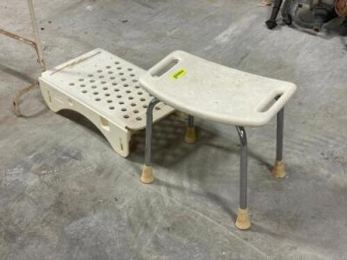 SHOWER STOOL AND STEP UP SET WITH ADDITIONAL GARMENT RACK SOLD AS SET.