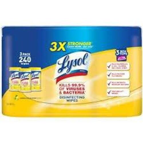 DESCRIPTION: (2) PACK OF (3) DISINFECTANT WIPES BRAND/MODEL: LYSOL INFORMATION: LEMON AND LIME SIZE: 240 WIPES PER CONTAINER RETAIL$: $20.00 EA QTY: 2