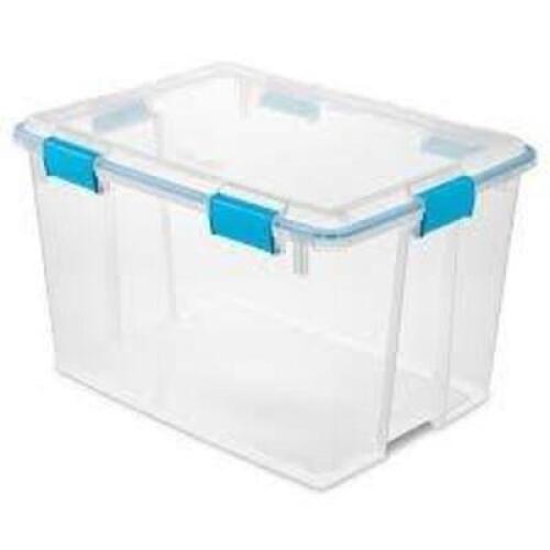 DESCRIPTION: (1) STORAGE TOTE BRAND/MODEL: STERILITE #1938LAB43F INFORMATION: CLEAR AND BLUE SIZE: 80 QT RETAIL$: $25.10 EA QTY: 1