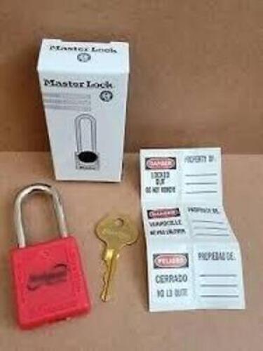 DESCRIPTION: (6) LOCKOUT PADLOCK BRAND/MODEL: MASTER LOCK/410MKW417REDLZ2 INFORMATION: RED/THERMOPLASTICS SIZE: 1-1/2"SHACKLE H X 1/4"SHACKLE DIA X 1-