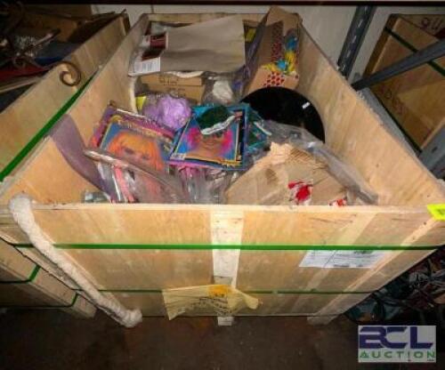 ONE CRATE OF ASSORTED PARTY SUPPLIES AND DECORATIONS