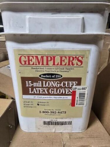 DESCRIPTION: (1) BUCKET OF (250) LONG CUFF LATEX GLOVES BRAND/MODEL: GEMPLER'S SIZE: LARGE RETAIL$: $50.00 EA QTY: 1