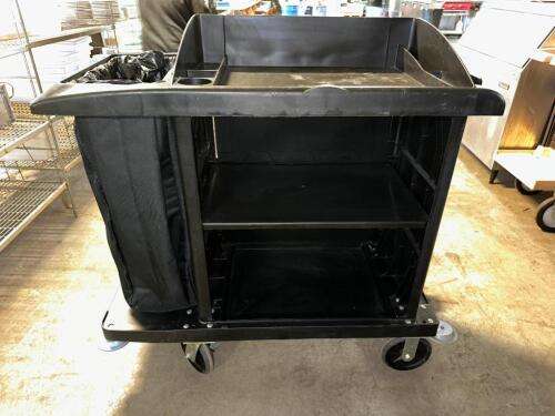 RUBBERMAID BLACK PLASTIC JANITORIAL CART
