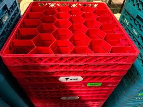 (2) 36 GROUP RED PLASTIC WINE GLASS RACKS.