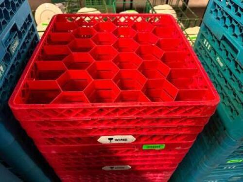 (2) 36 GROUP RED PLASTIC WINE GLASS RACKS.