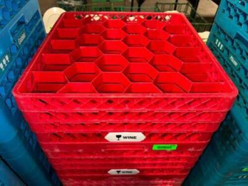 (2) 36 GROUP RED PLASTIC WINE GLASS RACKS.