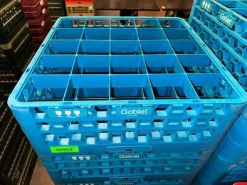 (4) 25 GROUP BLUE PLASTIC GOBLET GLASS RACKS.