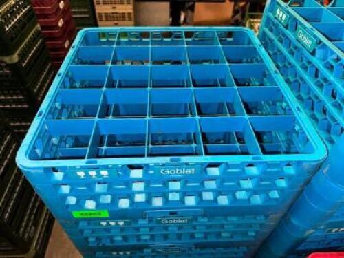 (4) 25 GROUP BLUE PLASTIC GOBLET GLASS RACKS.