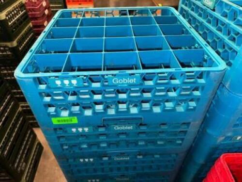 (4) 25 GROUP BLUE PLASTIC GOBLET GLASS RACKS.