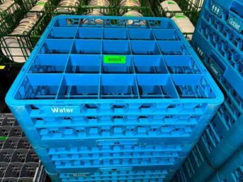 (6) 25 GROUP BLUE PLASTIC WATER GLASS RACKS.