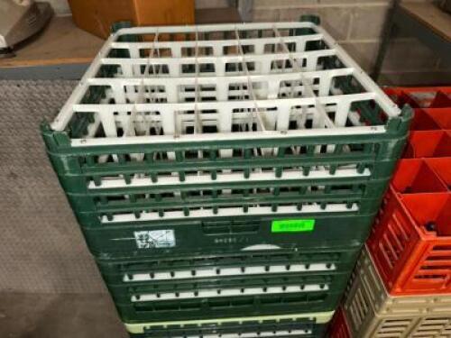 (6) 25 GROUP GREEN PLASTIC GLASS RACKS.