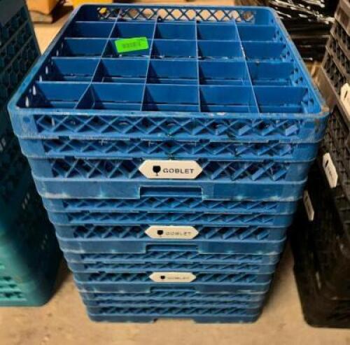 (4) 25 GROUP BLUE PLASTIC GOBLET GLASS RACKS.