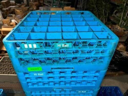 (4) 36 GROUP BLUE PLASTIC HI-BALL GLASS RACKS.