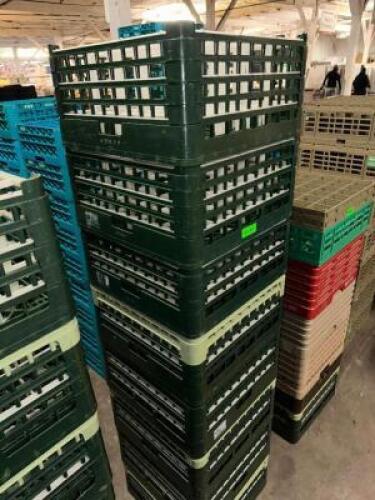 (6) 36 GROUP GREEN PLASTIC GLASS RACKS.
