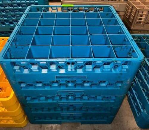 (4) 36 GROUP BLUE PLASTIC GLASS RACKS.