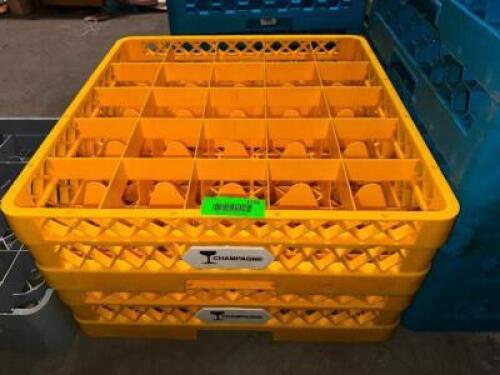 (2) 25 GROUP YELLOW PLASTIC CHAMPAGNE GLASS RACKS.