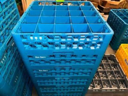(5) 25 GROUP BLUE PLASTIC ROOM SERVICE GLASS RACKS.