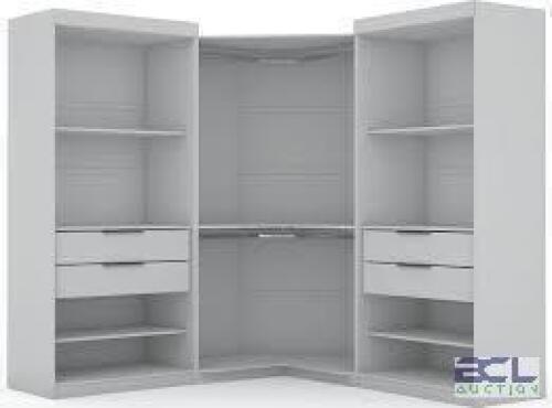 DESCRIPTION: (1) OPEN SECTIONAL WARDROBE CORNER BRAND/MODEL: MANHATTAN COMFORT #325DV5 INFORMATION: WHITE SIZE: 137.87 IN. LENGTH, 81.3 IN. HEIGHT, 21