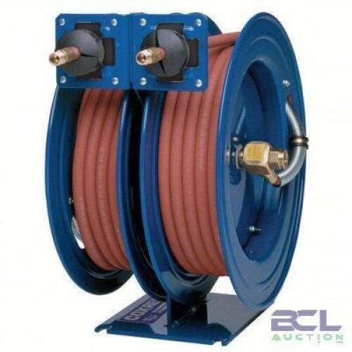 DESCRIPTION: (1) DUAL REEL SPRING RETURN HOSE REEL BRAND/MODEL: COXREELS #C-LP-150-150 INFORMATION: BLUE, BRASS SIZE: 50' RETAIL$: $783.01 EA QTY: 1